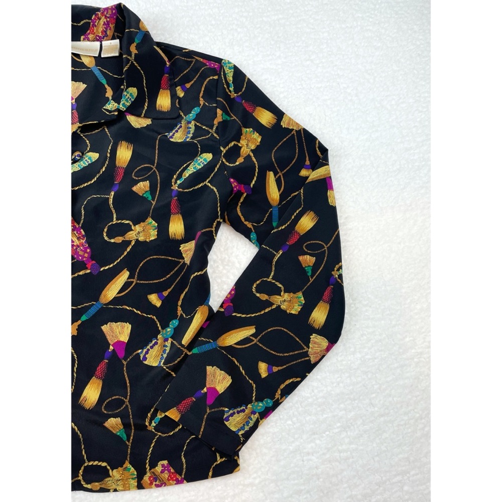 (VTG) CHRISTIE & JILL • Black Tassel Print Long Sleeve Blouse, 8 - Picture 11 of 15